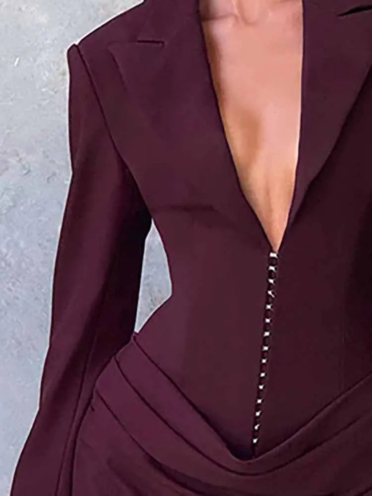 2025 Fashion Solid Color Mini Dress Autumn Winter Sexy Deep V Waist A-line Dress Women Elegant Temperament Pleated Evening Dress