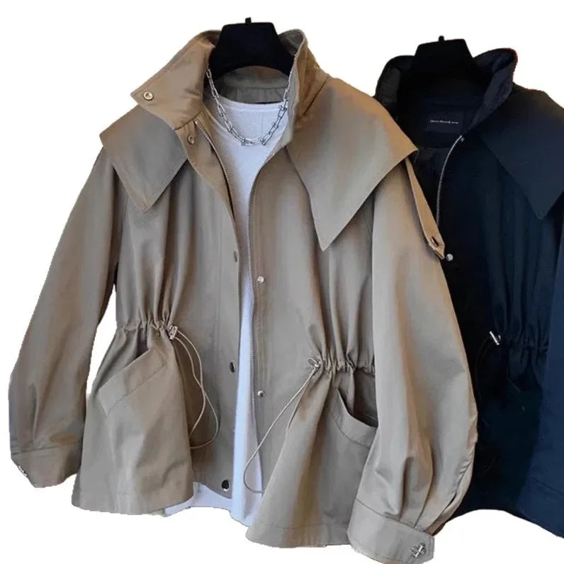 2026 Fall High-Neck Zip Jacket for Women, Loose Fit with Drawstring, Color-Block, Street-Style Trendy Coat