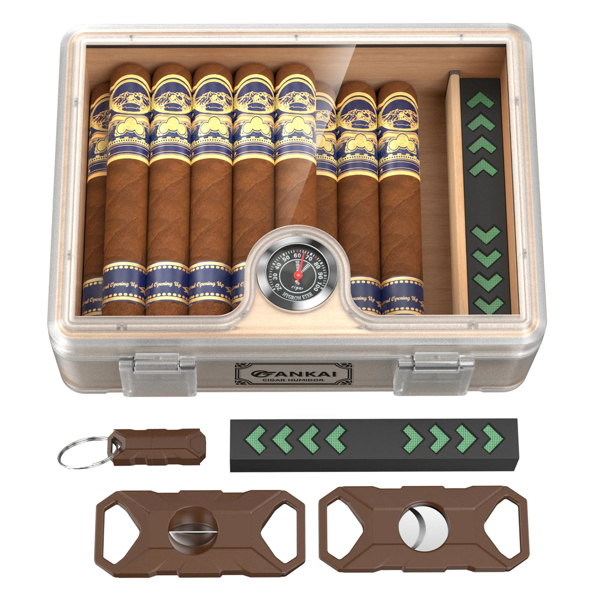 Humidor Cigar Box, with Straight Cutter Guillotine, V Cut, Puncher, Glass Top Case, Cedar Wood Lining, Humidifier Hygrometer