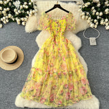 Retro Floral Chiffon Dr Women's Waist Cinched Bubble Sve Me Skirt Tea Break Gentle Soft Sle Korean High Waist A-Lin...