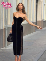 Sexy Strapless Corset Midi Dress Velvet Lace Trim Bust Bodycon Long Gowns Women's Elegant Wedding Guest Evening Outfit 2026 New