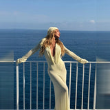 Luxury See Through Mesh Bodycon Maxi Dress For Women Lady Long Flared Cuff Deep V Neck Pleated Beach Holiday Evening Party Gown