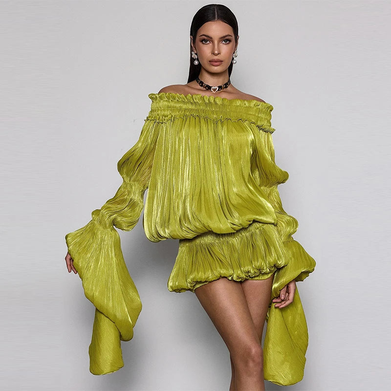 Chic Lime Green Off Shoulder Mini Dress Oversized Flare Sleeve Shiny Smocked Waist Bubble Hem Skirt Sexy Party Date Wear New