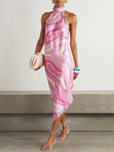 Lady Sexy Printed Halter Dress Sleeveless Off-shoulder Backless Loose Irregular Chic Robe 2026 Women Vacation Street Vestidos