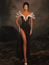 Women Celebrity Sexy Off Shoulder Pearl Black Maxi Long Bandage Bodycon Dress 2025 Elegant Evening Club Party Outfit