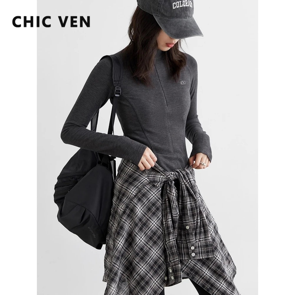 CHIC VEN New Women T-Shirts Solid Slim Half High Neck Pullover Basic Long Sleeved Tees Female Top Sports Spring Autumn 2025