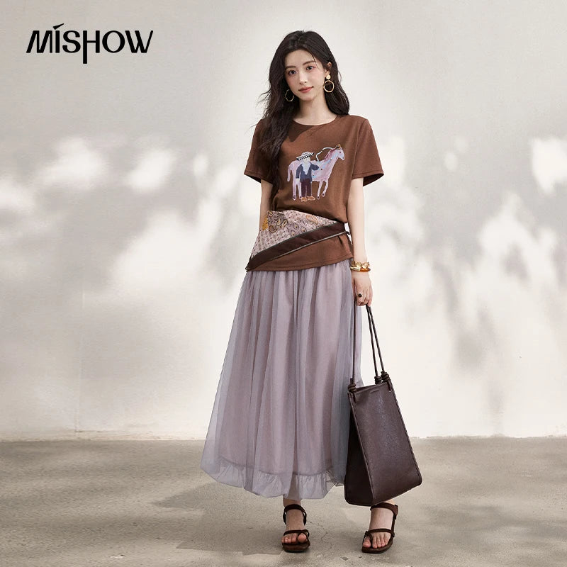 MISHOW Short Sleeved Round Neck Pony Printed T-Shirt For Women Summer 2026 New Daily Versatile Casual Cotton Tee MXF25T1621