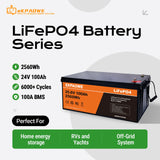 EKPAOWE 24V 25.6V 100AH LiFePO4 Battery 6000+ Deep Cycles Rechargeable Lithium Battery Pack up to 48V 51.2V 400Ah Low-Temp Protection For Fishing, Portable Power Station, Golf Cart, Boat, Camper, Marine, Trolling Motor, Off-Grid, Solar Energy Storage