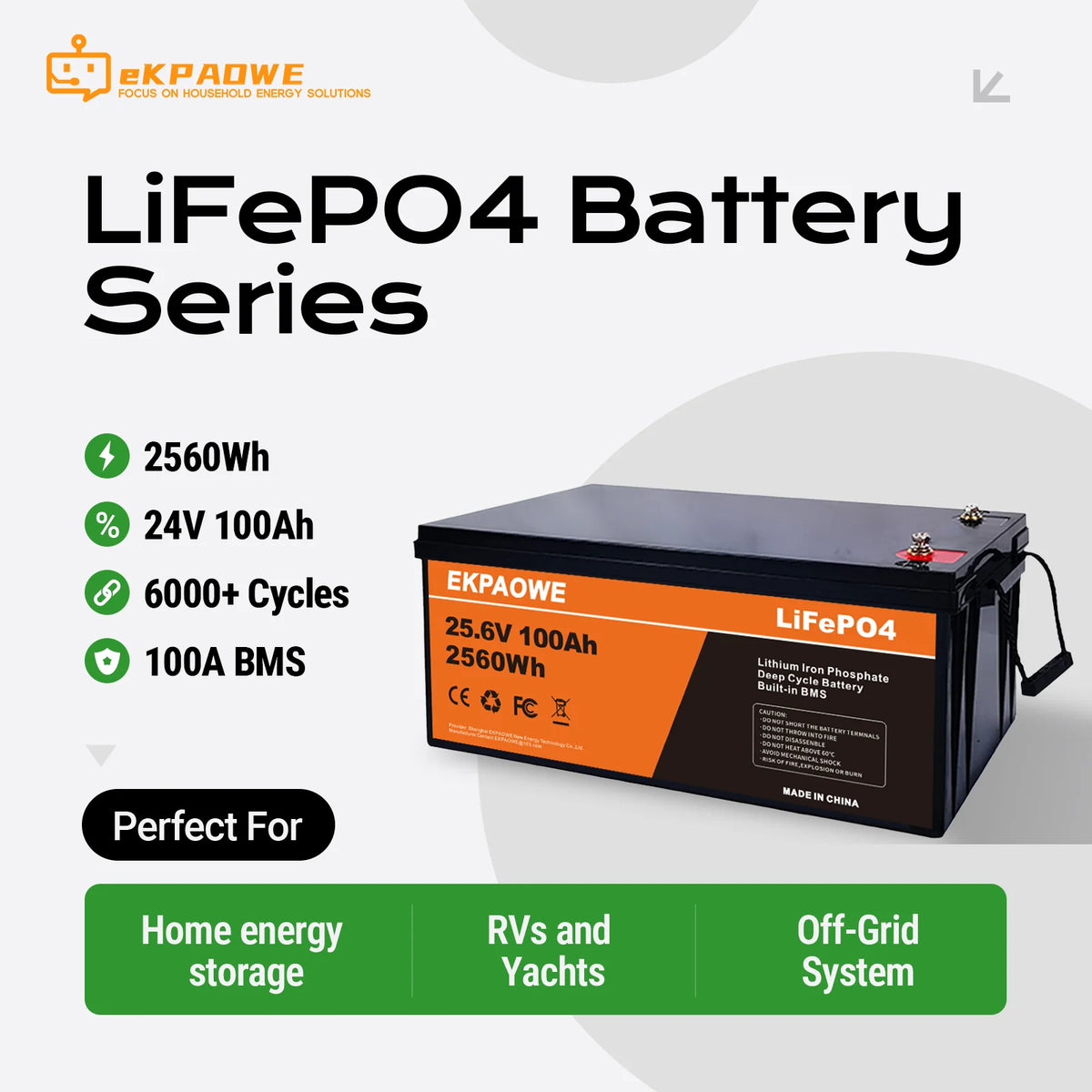 EKPAOWE 24V 25.6V 100AH LiFePO4 Battery 6000+ Deep Cycles Rechargeable Lithium Battery Pack up to 48V 51.2V 400Ah Low-Temp Protection For Fishing, Portable Power Station, Golf Cart, Boat, Camper, Marine, Trolling Motor, Off-Grid, Solar Energy Storage