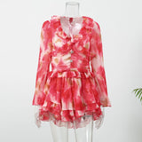Women Elegant Floral A-line Pleated Dress Sexy Long-sleeved Waist Cinching Ruffle Mini Dresses 2026 Lady Vacation Street Gowns