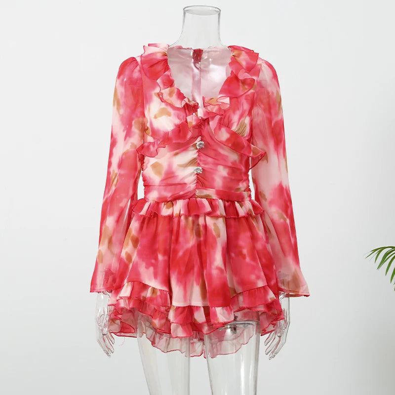 Women Elegant Floral A-line Pleated Dress Sexy Long-sleeved Waist Cinching Ruffle Mini Dresses 2026 Lady Vacation Street Gowns