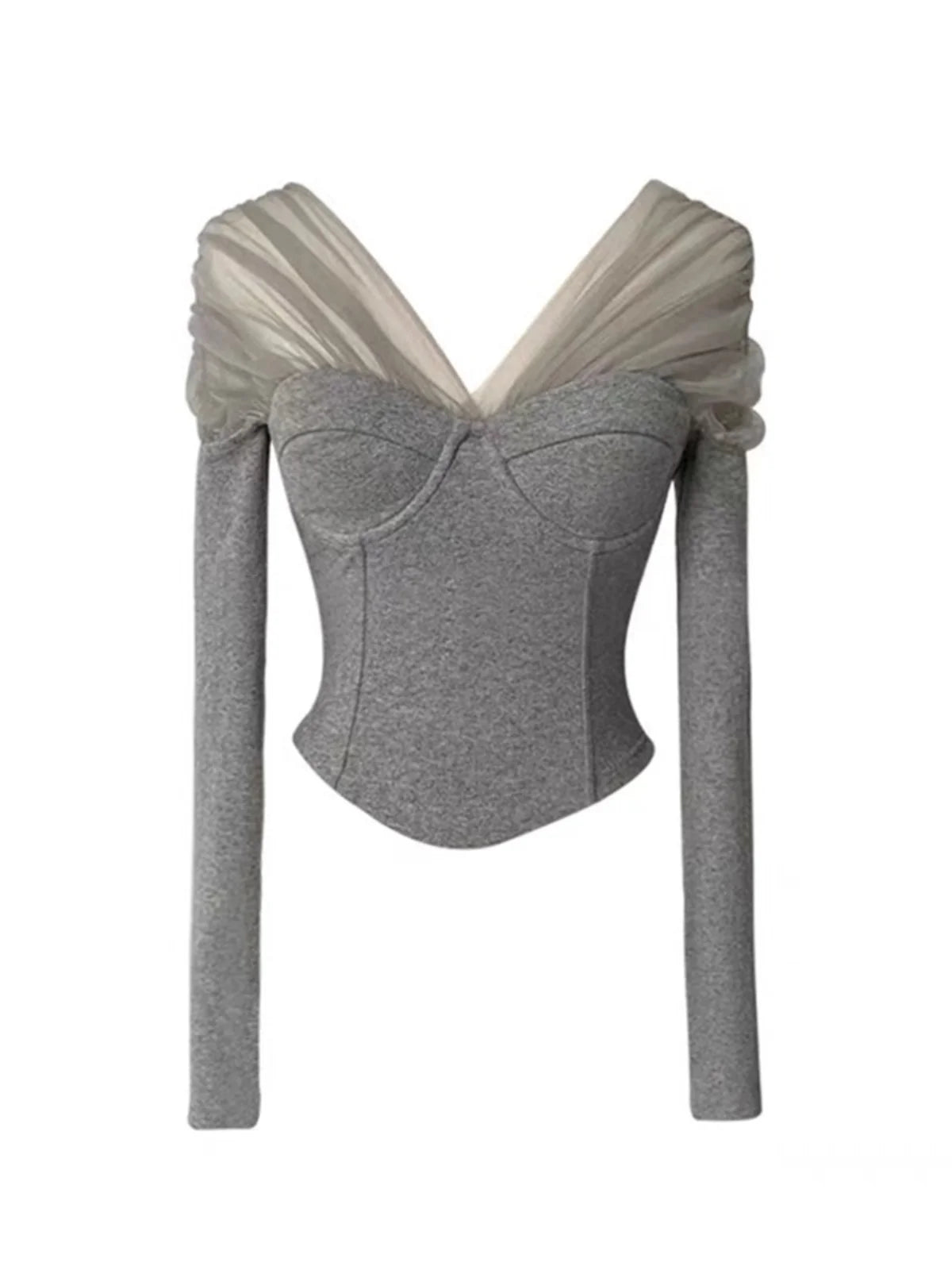 Hot Girl Mesh Spliced V-neck Long-sleeved T-shirts Women's Spring Autumn Pure Desire Style Inner Layering Short Bottoming Shirts