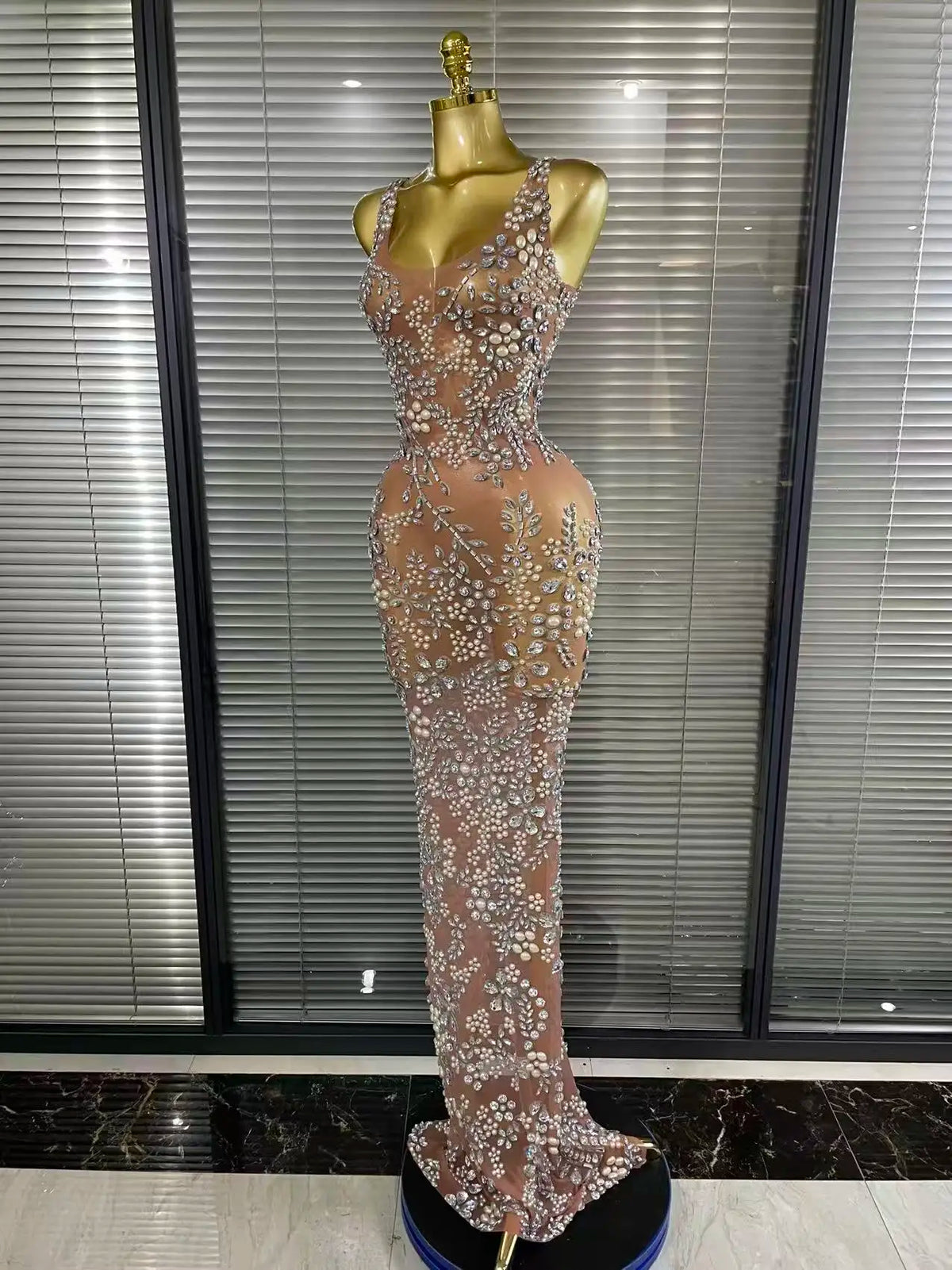 Sparkly Crystal Mesh See Through Women Sleeveless Sexy Bodycon Long Gowns Dress Evening Party Celebrate Birthday Outfit