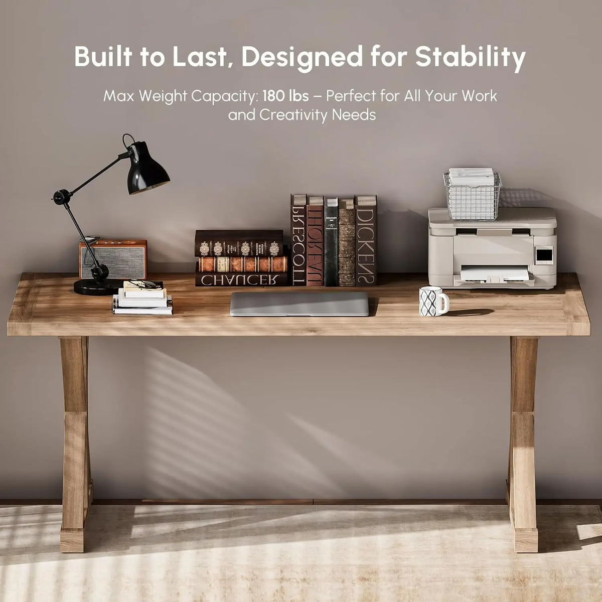 70.9" Solid Wood Executive Desk, Rustic Farmhouse Home Office Desk with X-Trestle Base, Large Writing & Computer, Customized