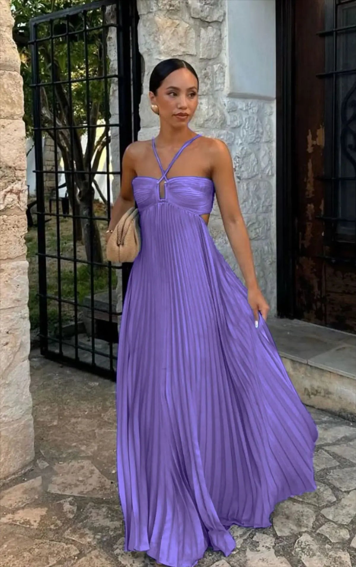Blue Pleated Halter Long Dress Women's Solid Sleeveless Backless Lace-up Maxi Dress Summer Beach Vacation Evening Party Vestidos