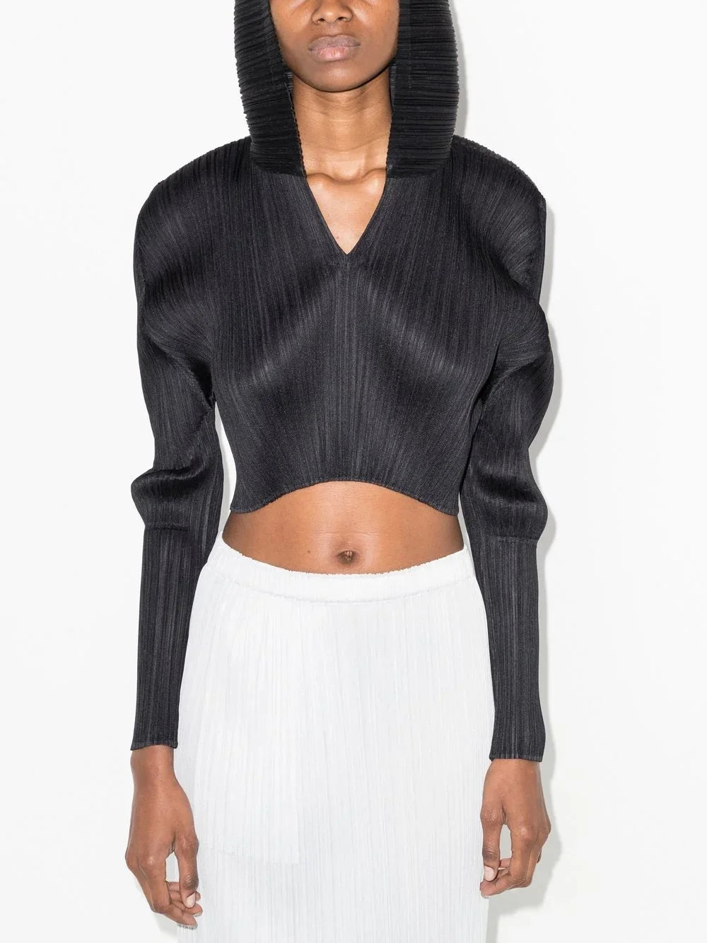 Miyake Women's Pleated Long Sleeve Hoodie Black Short Cropped Top Casual Streetwear
