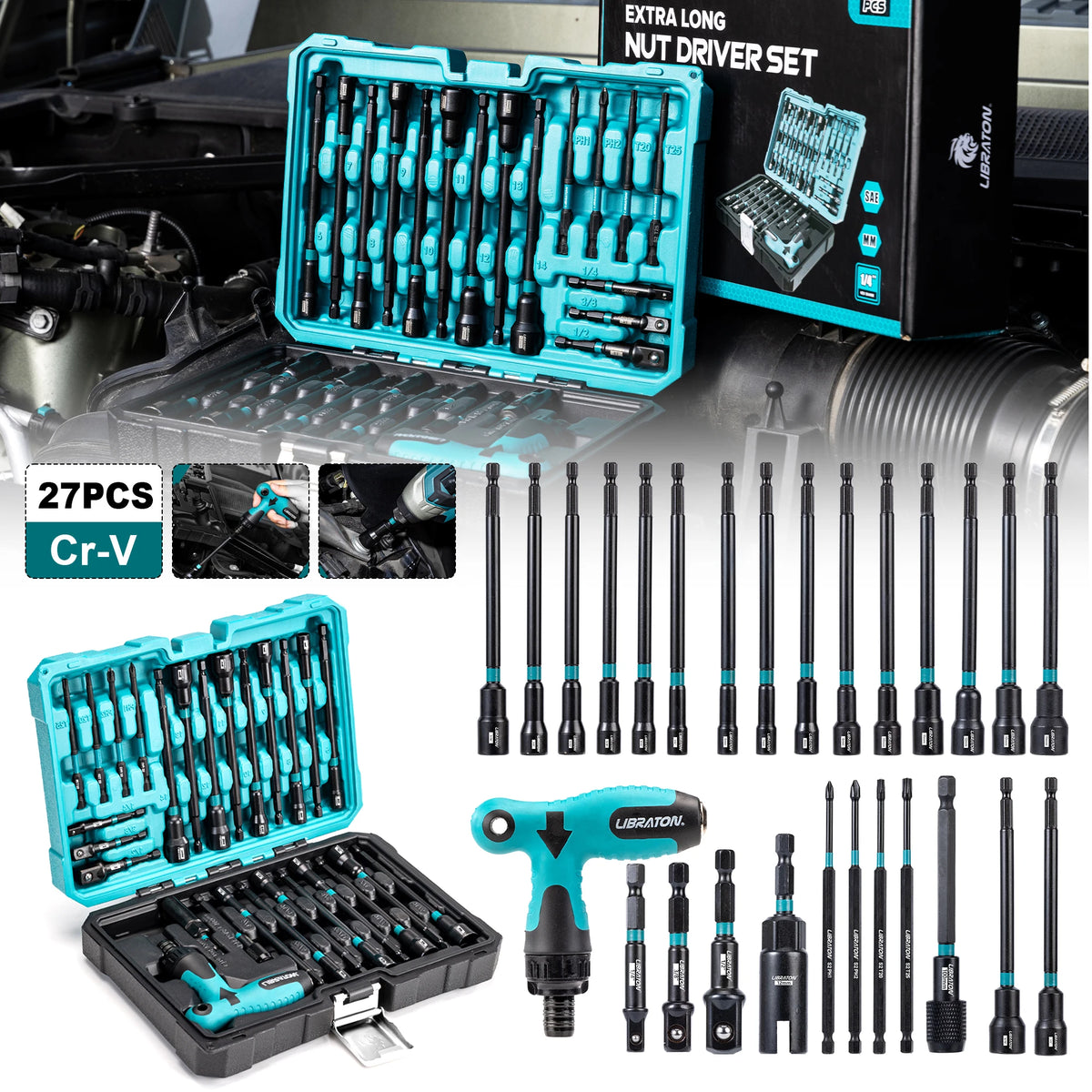 LIBRATON 27PCS Nut Driver Set with Quick-Change Ratchet Handle, Metric & SAE Nut Driver Set 6'',  for Impact Drill, Hand Tool