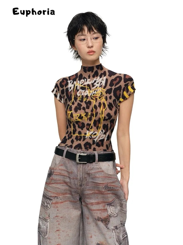 Euphoria Casual Hotsweet Slim Fit Clubwear Tees Coquette Top Women Sexy Leopard Print Sheath Short Sleeve Turtleneck T-shirt