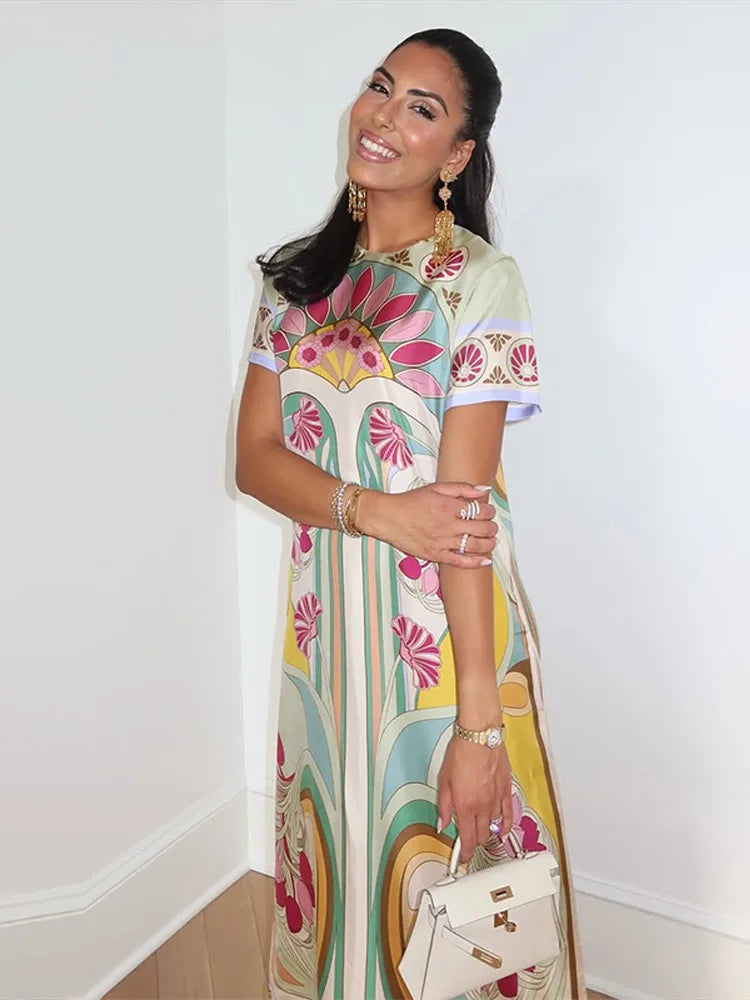 Printed Spliced Feather Tassel Hem Dress Half Sleeve O-neck Loose Maxi Dresses 2026 Summer Fashion Elegant Party Women Outwear
