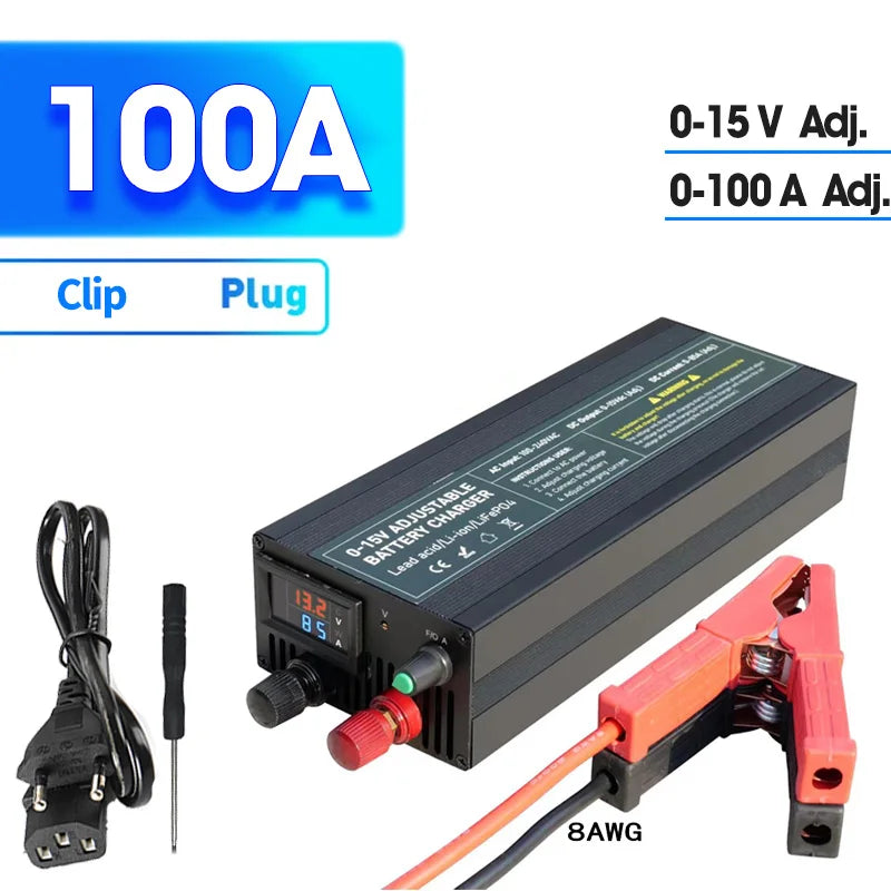 Lifepo4 Charger Power 12V 60A 100Ah Lithium Battery Charger Current /Voltage Adjustable Solar System Battery Power Accessories