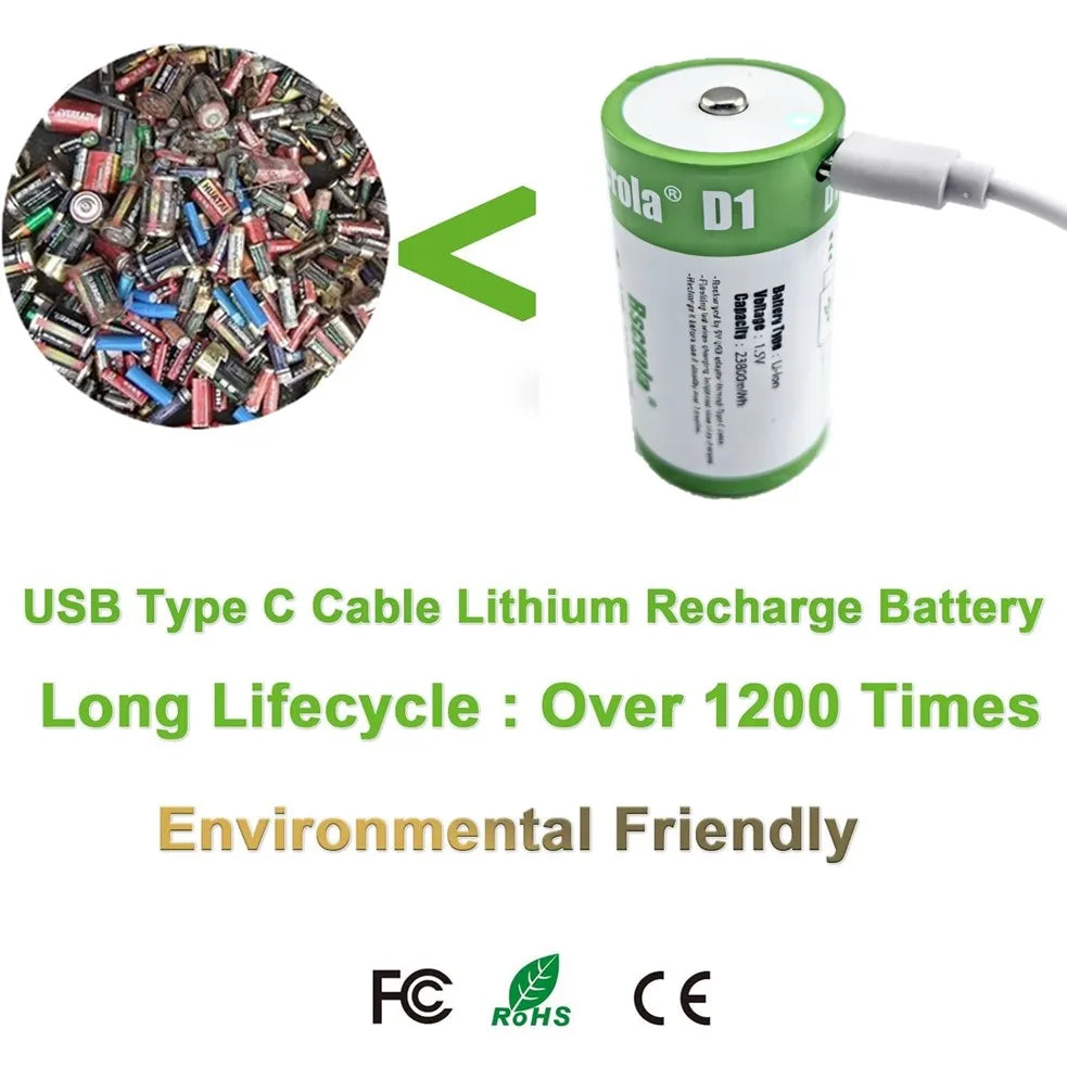 USB D Li-ion Rechargeable Batteries, High Capacity 1.5V 23800mWh Rechargeable D Battery, 4 H Fast Charge with Type C Port Cable