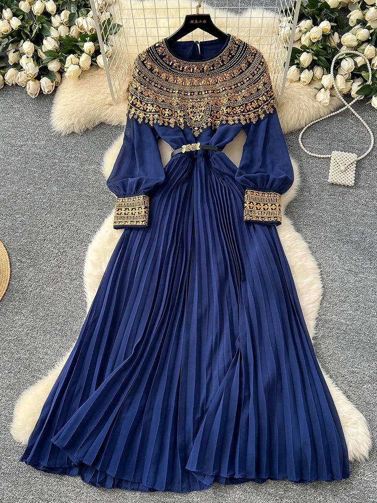 Spring Autumn French Sequin Nail Bead Long Sleeved Dress Women New Elegant Temperament Birthday Party Pleated Long Dress C227