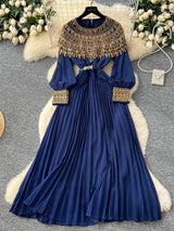 Spring Autumn French Sequin Nail Bead Long Sleeved Dress Women New Elegant Temperament Birthday Party Pleated Long Dress C227