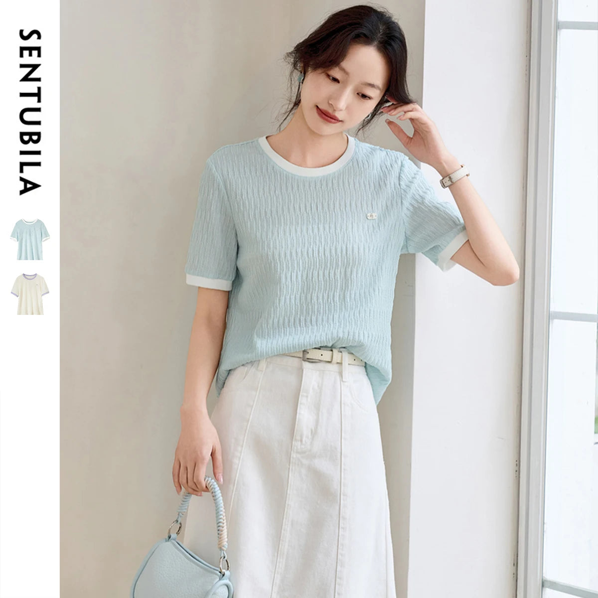 SENTUBILA Women's Short Sleeve Tee 2026 New Collection Pleated Casual Style Tops Summer Knitwear T-shirt Woman Clothes Q52TN1656