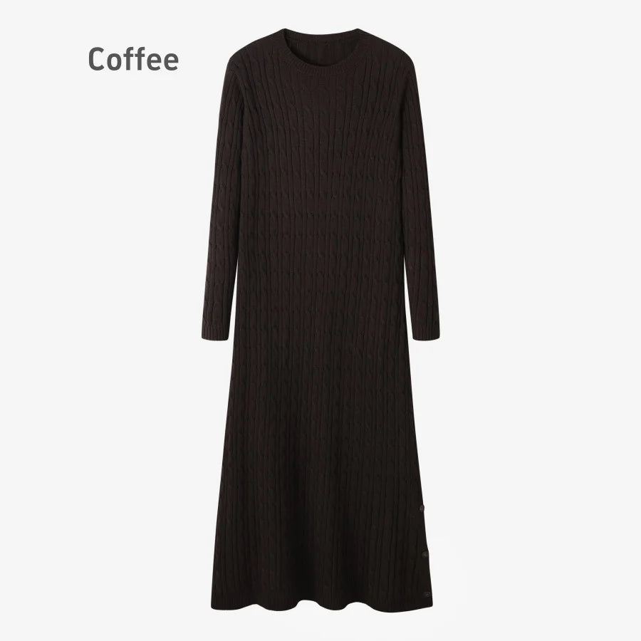 AS AW2025 cable knitting maxi dress soft Sweater round neck woman clothes with buttons