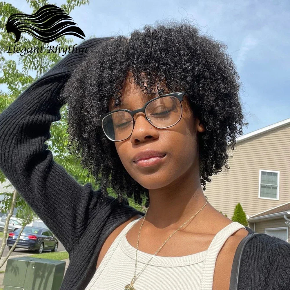 10 Inch Afro Kinky Curly Bob Wig With Bangs Curly Pixie Cut Glueless Wigs Machine Made Brazilian Human Hair Wigs For Black Women