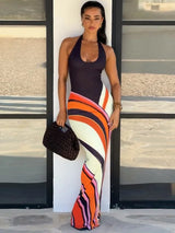 Sexy Contrast Halter Long Dress Women Sleeveless Backless Hip Package Maxi Dresses 2026 Summer Lady Patchwork Vacation Robes