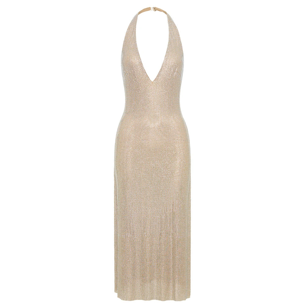 VC Stylish Halter Open-Back V-Neck Sequins Dress for Fashion Events Party Evening Gown