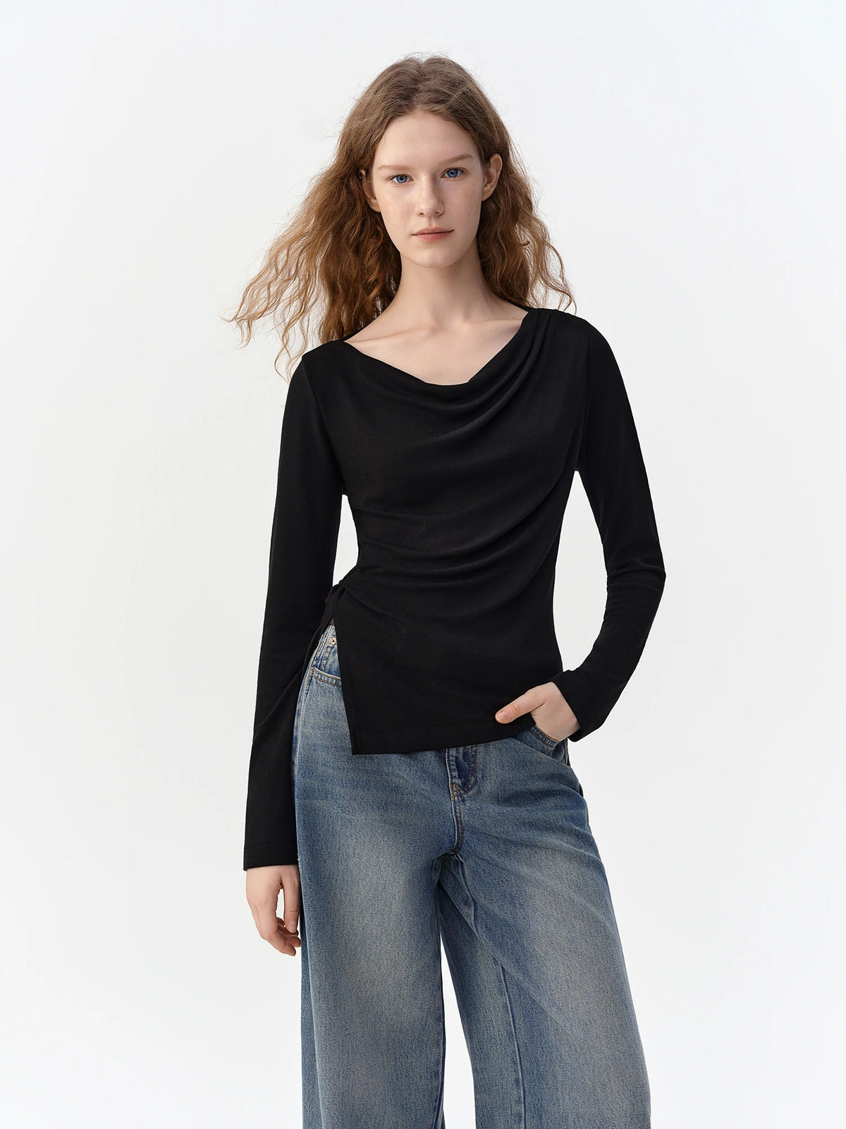 DUSHU Women Off Shoulder Drape Cowl Neck Long Sleeve T-Shirt Commute Minimalist Ruched Slim Draped Elegant Casual Fashion Tee