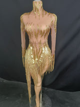 Sparkly Rhinestone Golden Sequins Tassel Sexy Transparent Dress Women Evening Birthday Party Nightclub Dance Singer Stage Outfit