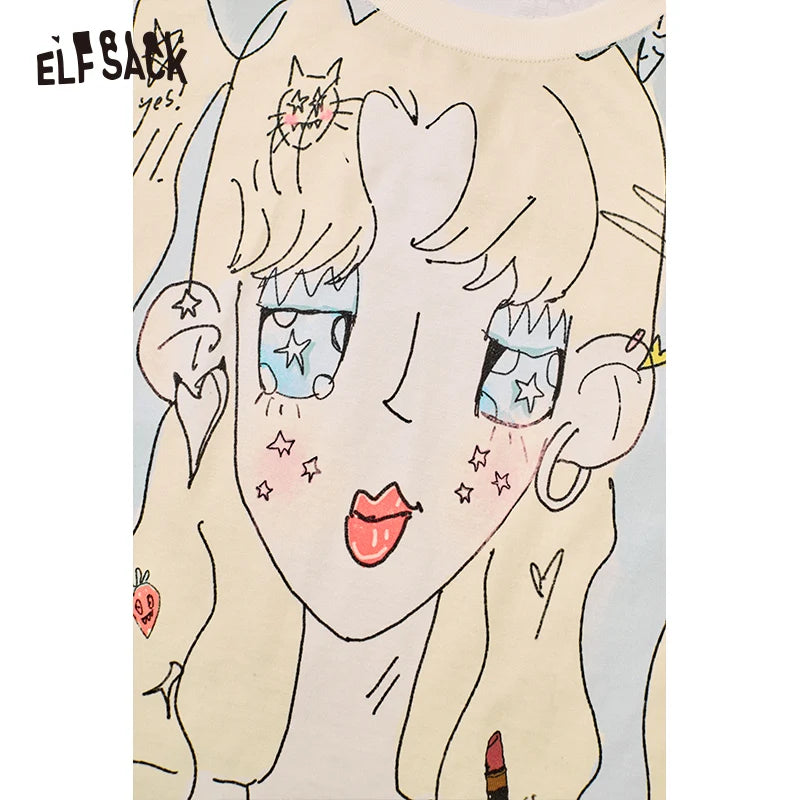ELFSACK 2025 Summer New Arrival Sweet Cool Y2K Lace Splicing Anime Print Short Sleeve T-Shirt For Women