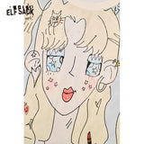 ELFSACK 2025 Summer New Arrival Sweet Cool Y2K Lace Splicing Anime Print Short Sleeve T-Shirt For Women