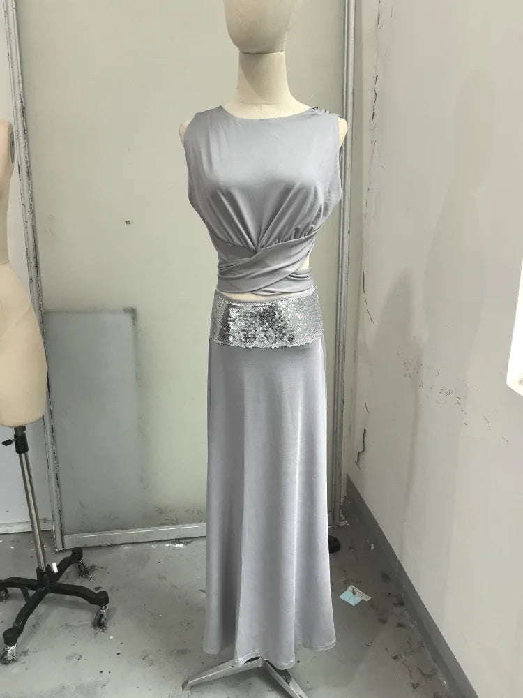 Women's Summer New Two Piece Crop Top + Maxi Skirt Set Sequin Waist Sleeveless Party Evening Dress Fashioned Clubwear Nightout