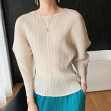 GVUW Pleated Round Collar T Shirt Women Full Sleeve Solid Color Versatile New 2025 Pullover Temperament Female Tops 17G8531