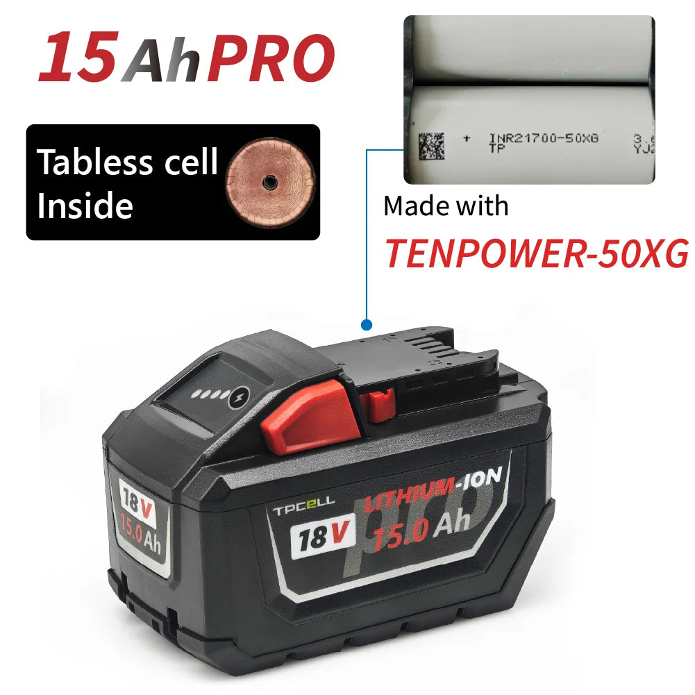 TPCELL 12AH/15AH For M.18 Tabless 21700 18V Professional Battery Li-ion Replacement High Output
