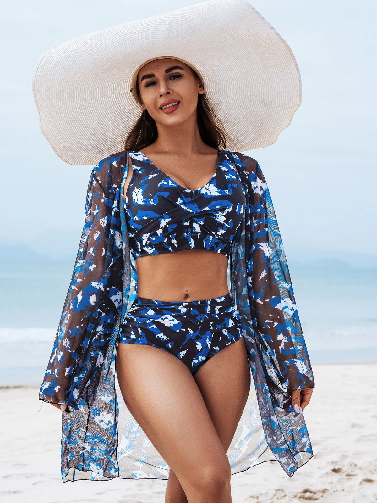 Women 3 Piece Bikini Set High Waist Swimsuit with Cover Up Push Up Padded Printing Swimwear Quick Dry Stretchy Bathing Suit