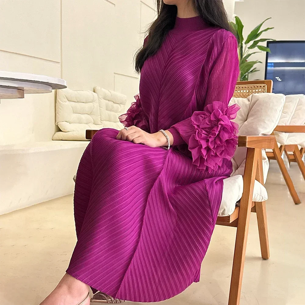 YUDX Luxury Purple Miyake Pleated High Neck Maxi Evening Dress, Ruffle Sleeve Women's Wedding Guest Ramadan Party Dress 2026 New