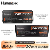 Humsienk 24V 200Ah/150Ah LiFePO4 Battery 2PK, Capacity 3840Wh/5120Wh, Built-in 200A/150A BMS, Low-Temp Protection For Fishing, Portable Power Station, Golf Cart, Boat, Camper, Marine, Trolling Motor, Off-Grid, Solar Energy Storage, 5-Year Warranty