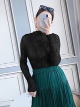 LANMREM Turtleneck Long Sleeve Pleated Women's T-shirt High Elastic Slimming Fashion Semitransparent Pullover Tops 2DB6192