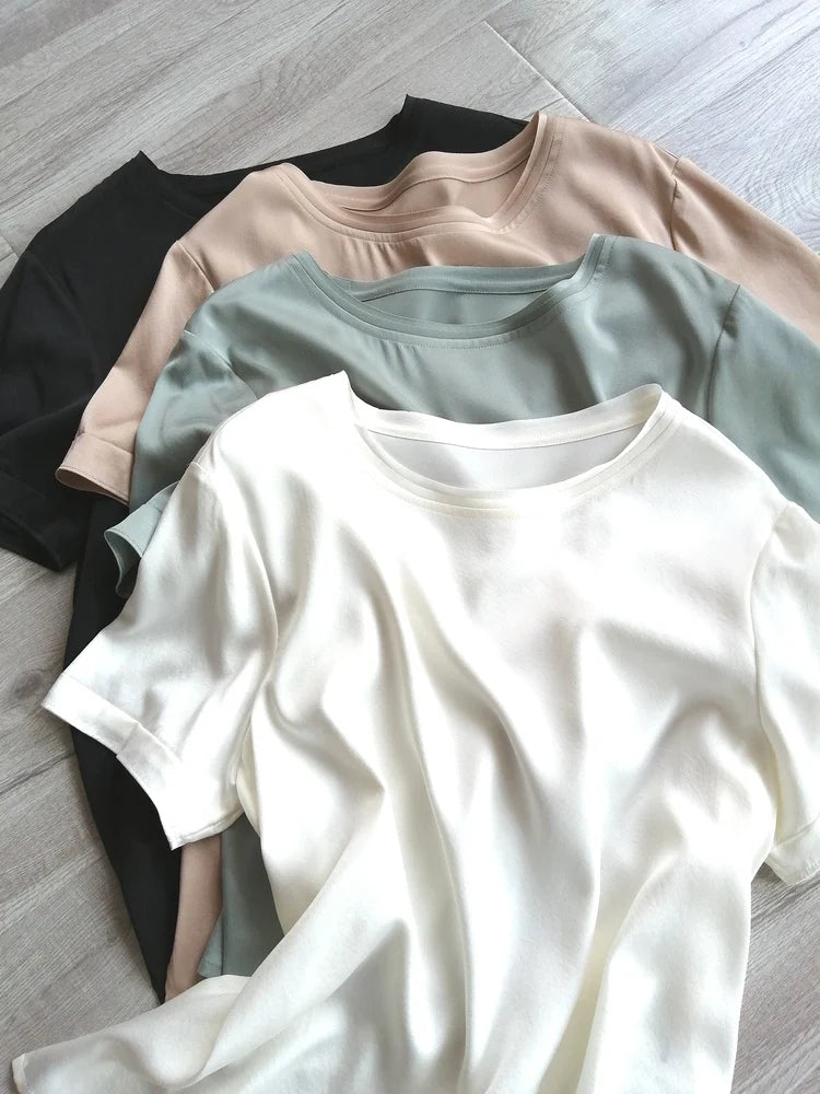 25MM Heavy plain crepe satin silk short-sleeved T-shirt 2021 summer new small loose 4XL solid color mulberry silk top shirt