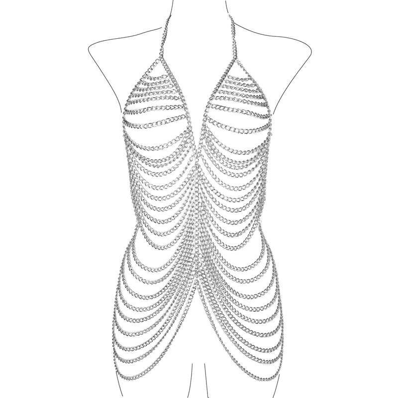 Women's Chainmail Halter Mini Dress Backless Metal Body Chain Beach Clubwear Sexy Festival Party Outfit Multi-Layered Vestidos