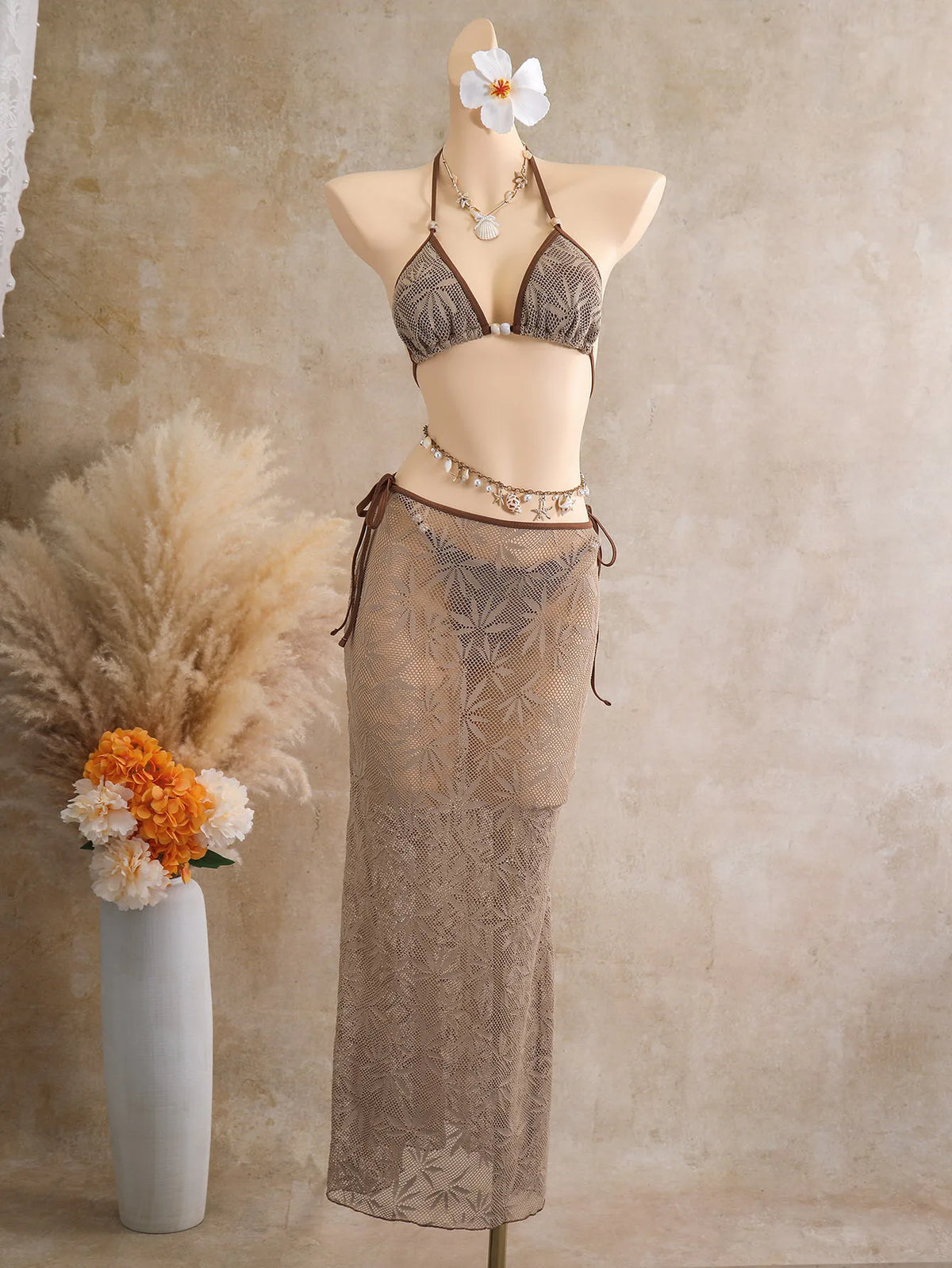 women sexy split lace bikini three piece set with long skirt triangle hollow out small chest push up beach vacation swimwear