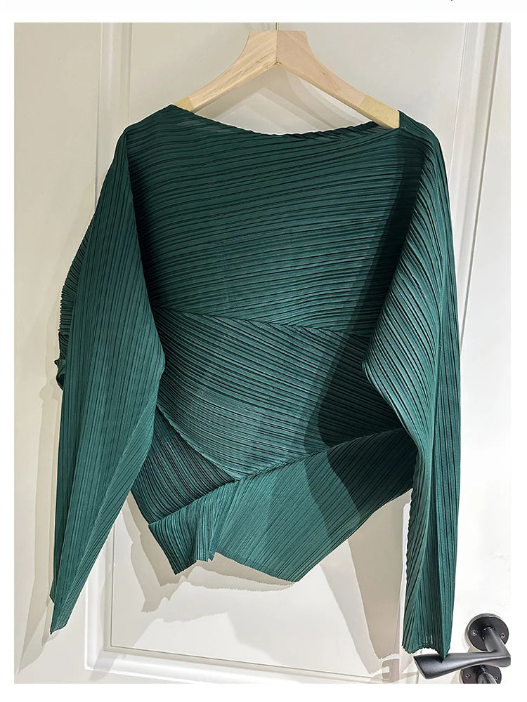 Miyake Pleated Irregular Pleated Off Shoulder Top Designer Long Sleeve T-shirt Shirt