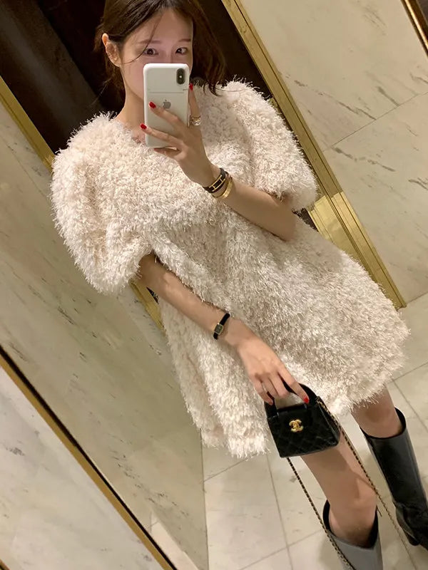 Chic Autumn Winter Short Sleeve V Neck Fluffy Casual Color Dress Women's Loose Fit City Walk a Line Skirt Korean Style