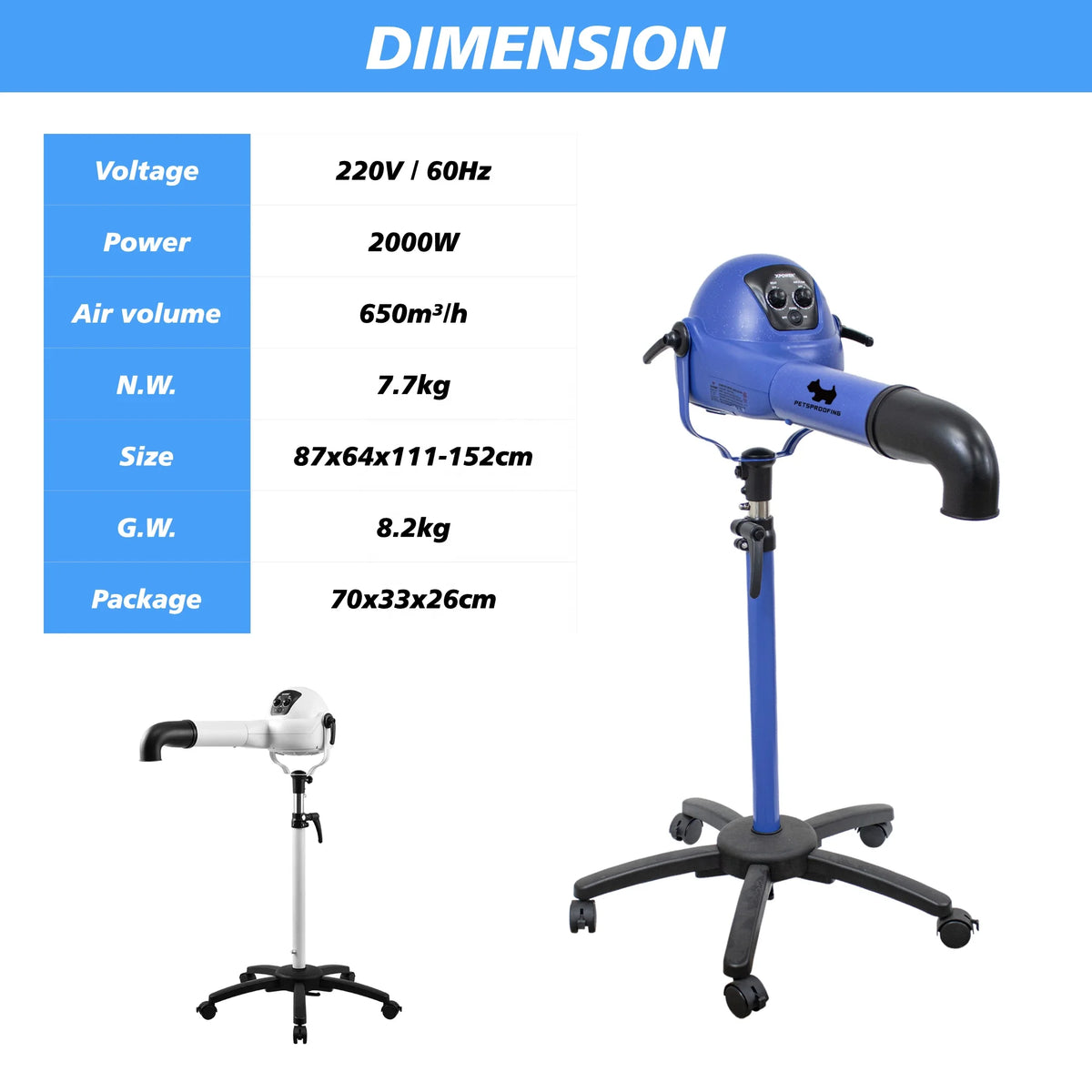 Professional High Velocity Stainless Steel PP Force Dryer Luxury Multifunction Dog Cat Grooming Hair Drying Sustainable Feature