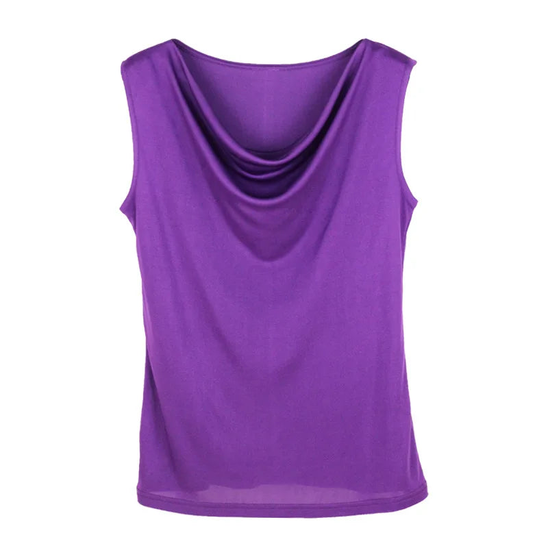 100% Silk Womens Silk T-shirt Comfortable Sleeveless Casual T-shirt Pure Silk T-shirt Cowl Collar T-Shirt